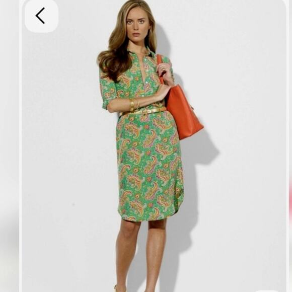 Vintage Ralph Lauren Womens 4 Petite Paisley Green Button Down Midi Dress Belted - Picture 1 of 8